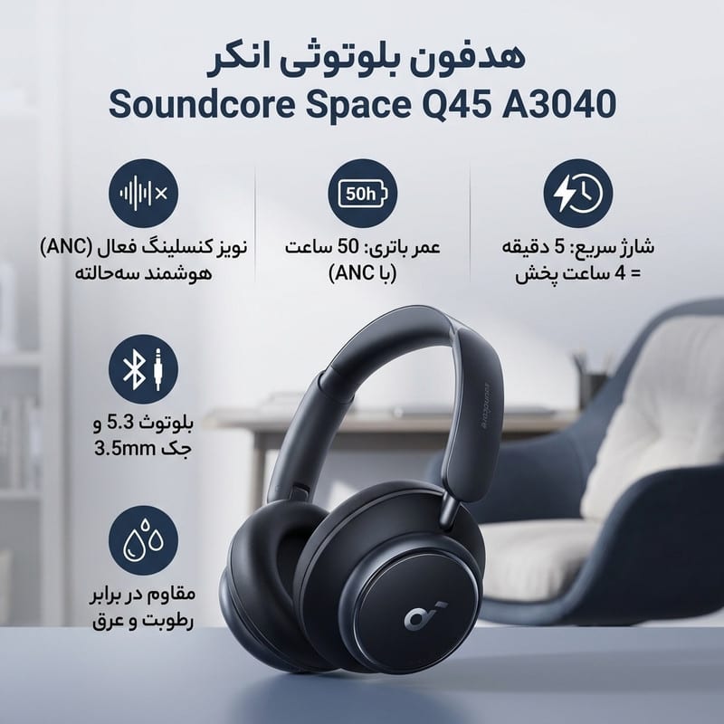 هدفون بلوتوثی برند انکر مدل Soundcore Space Q45 A3040 با نویز کنسلینگ فعال (ANC)، درگاه شارژ USB Type-C، پشتیبانی از شارژ سریع، دارای فناوری نویز کنسلینگ هوشمند سه‌حالته، مقاوم در برابر رطوبت و عرق، تصویر ۲