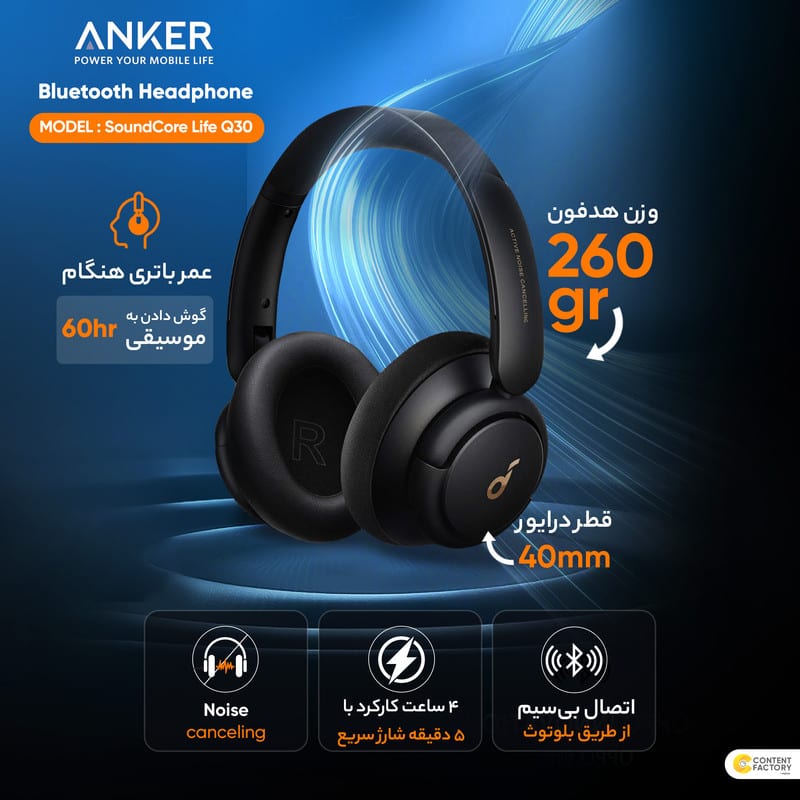 هدفون بلوتوثی انکر مدل SoundCore Life Q30 با نویز کنسلینگ فعال (ANC)، درگاه شارژ USB Type-C، دارای میکروفون دوگانه با حذف نویز، مجهز به فناوری Hi-Res Audio، دارای حالت Transparency برای شنیدن صدای محیط، تصویر ۱۳